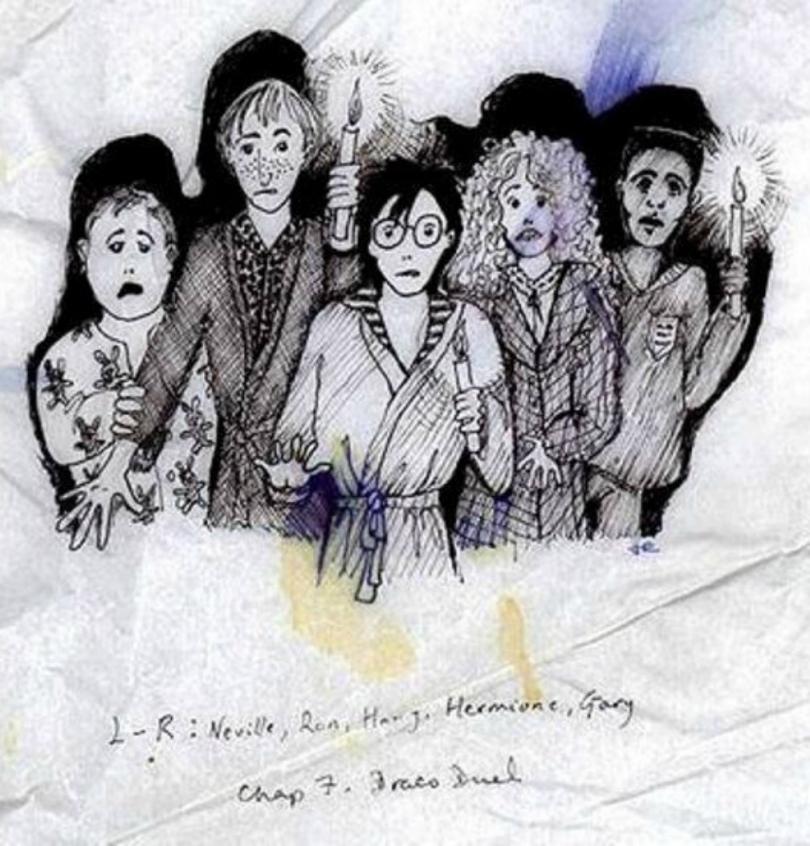 Neville Londubat, Ron Weasley, Harry Potter, Hermione Granger et Gary (Dean Thomas)

