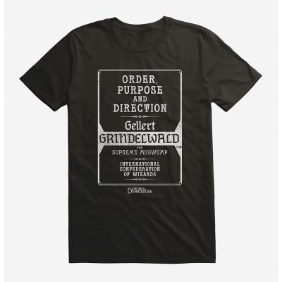 T-shirt "Votez Grindelwald" (avec l'inscription traduite de l'anglais "Ordre, But et Direction - Votez Grindelwald en tant que Manitou Suprême de la CIMS")
