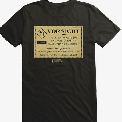 T-shirt "Vorsicht" (information du MdelaMagie allemand avec l'inscription traduite de l'allemand "Attention ! Attention aux soupçons de fraude - La possession de fausses baguettes magiques est punie - Les criminels seront dénoncés")